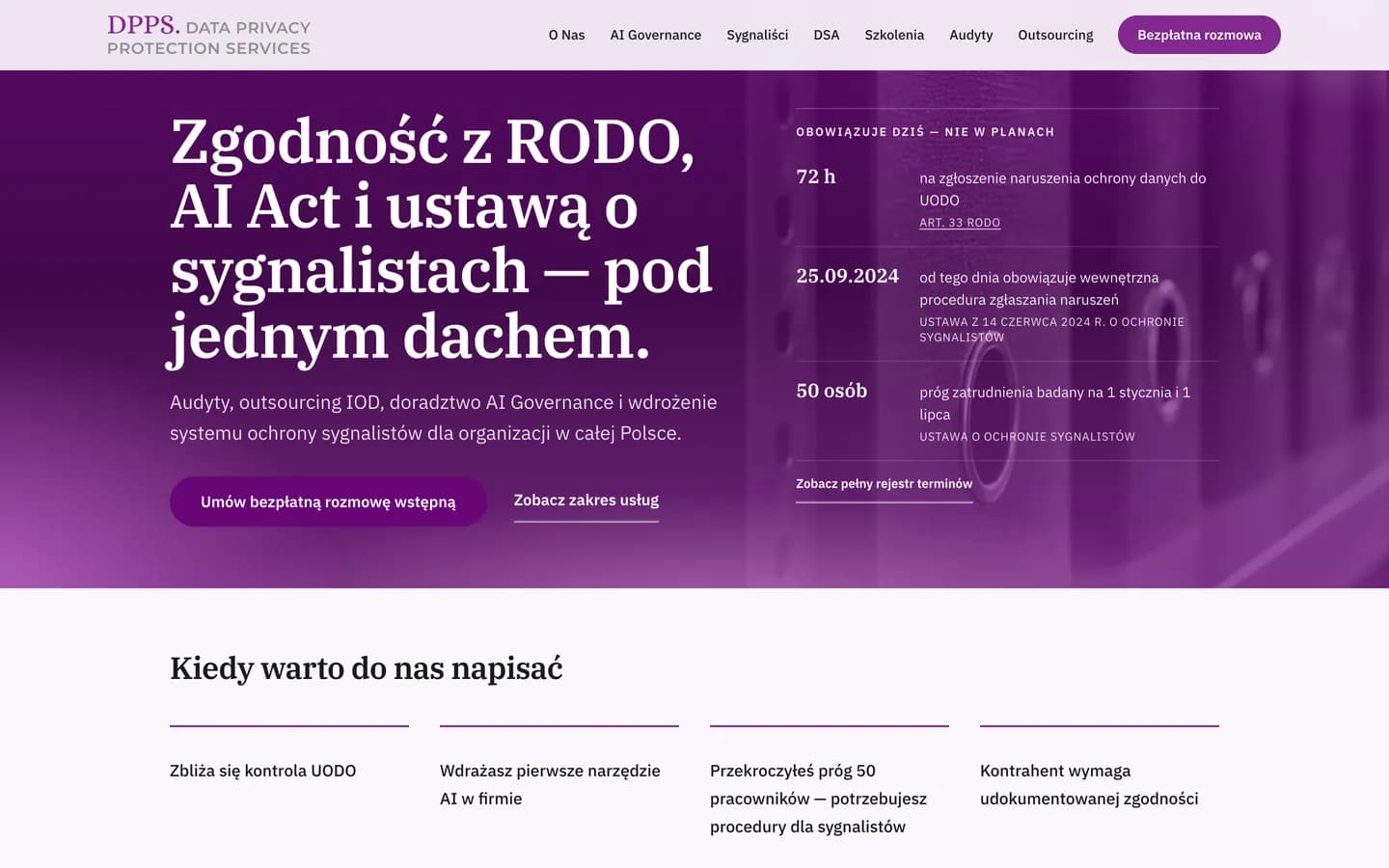 Zrzut strony DPPS: nagłówek o RODO, AI Act i ustawie o sygnalistach oraz terminy, które już obowiązują